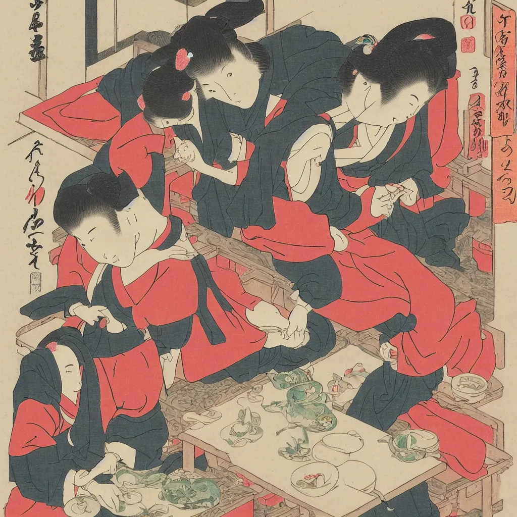 Image similar to Ukiyo-e style picture of two sisters making candles in the balcony. A small white dog is sitting besides them. Highly Detailed. Happy. Joyous. Satisfying. Celestial.