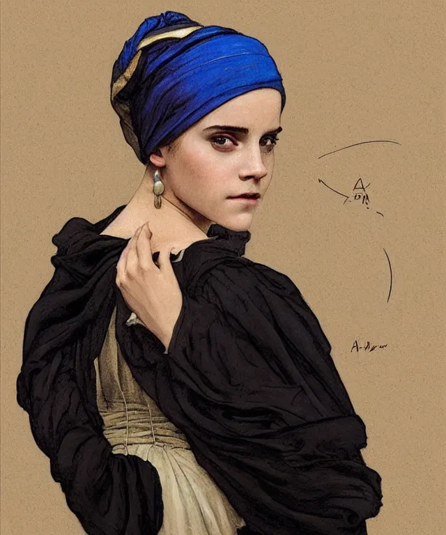 Image similar to Emma Watson as the girl with the pearl earring, highly detailed, digital painting, artstation, concept art, smooth, sharp focus, illustration, ArtStation, art by artgerm and greg rutkowski and alphonse mucha and J. C. Leyendecker and Edmund Blair Leighton and Katsuhiro Otomo and Geof Darrow and Phil hale and Ashley wood and Ilya repin and Charlie Bowater
