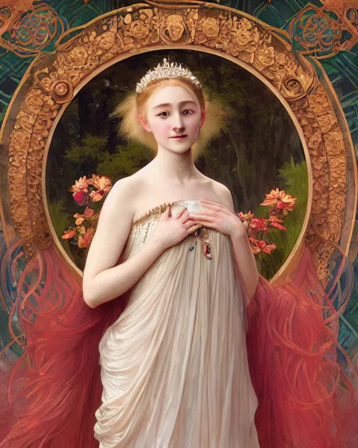 Prompt: a portrait painting of a shy, blushing princess resembling 1 4 - year old saoirse ronan in a tiara and an iridescent art nouveau gown watching the lantern festival, intricate, elegant, highly detailed, artstation, concept art, by krenz cushart and artem demura and william adolph bouguereau and alphonse mucha