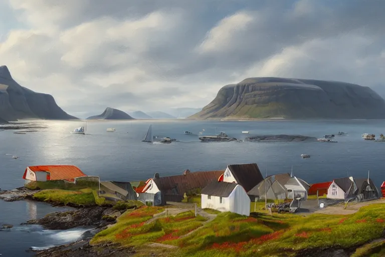 Prompt: nowegian coastal village by the sea, detailed, painting, 4 k, hd, realistic, digital painting, artstation, by aarons slim, by paul bonner, by cordal isaac