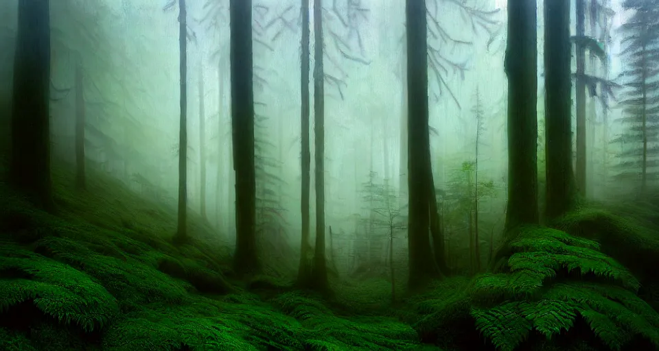 Image similar to deep inside the forest, fog, mist, moss, ferns, by ansel adams, polaroid, masterpiece, artstation