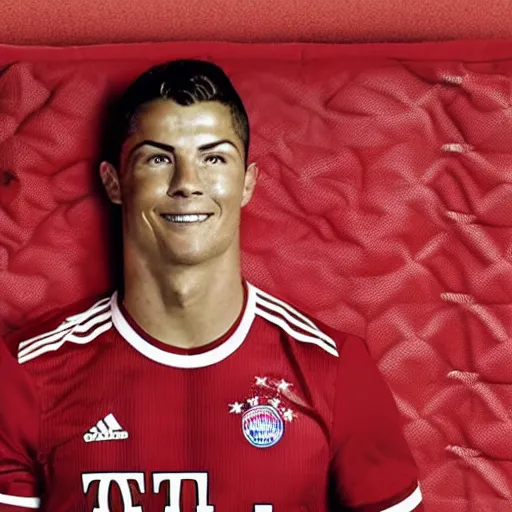 Image similar to Christiano Ronaldo sleeping in FC Bayern bed