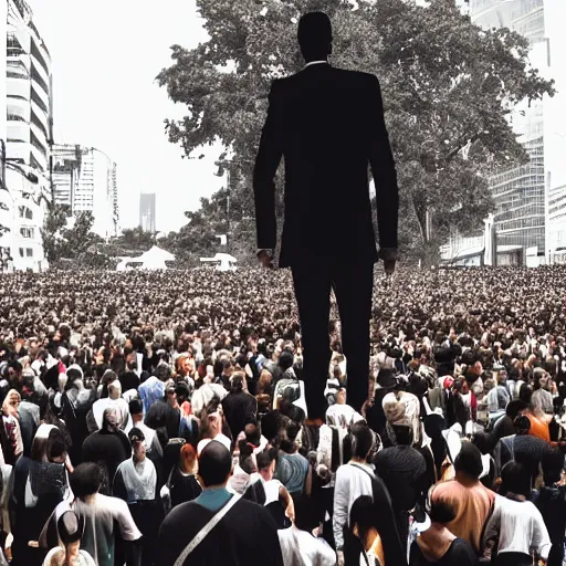 Image similar to a 3 0 foot tall man walking among the crowd