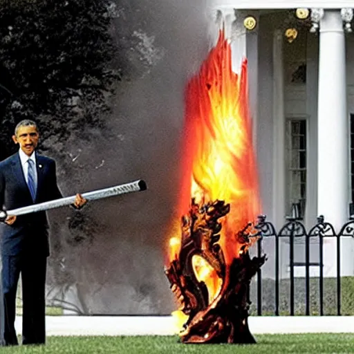 Image similar to Barack Obama holding huge flaming sword in the white house