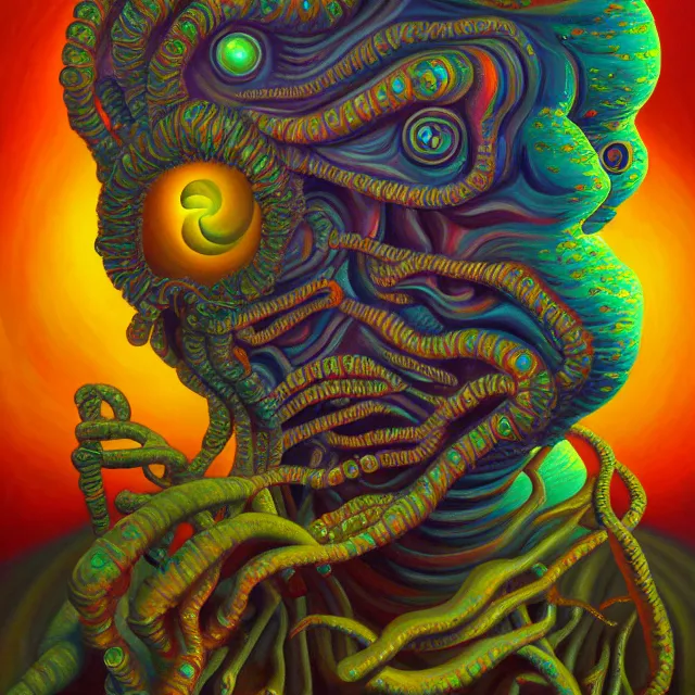 Prompt: an oil on canvas portrait painting of an acid trip, polycount, surrealism, surrealist, lovecraftian, cosmic horror, high detail