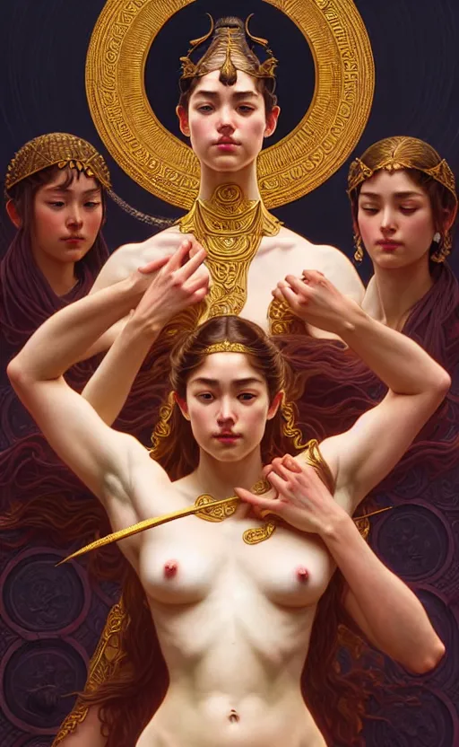 Image similar to symmetry!!!! intensely intricate fanart of full frontal pose of a sensual young goddess of war, protagonist, against an alluring young goddess of the prosperity, antagonist, intricate, elegant, highly detailed, my rendition, digital painting, artstation, concept art, smooth, sharp focus, illustration, art by artgerm and greg rutkowski and alphonse mucha