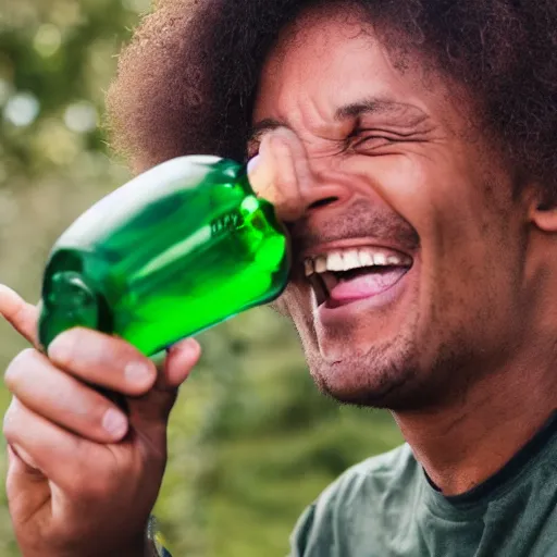 Image similar to stock photo of a man laughing at a green bottle
