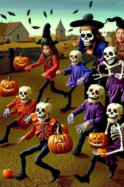 Image similar to a hyperrealistic painting of an autumn village trick or treaters being chased by witches and skeletons, by chris cunningham and richard corben, highly detailed, vivid color,