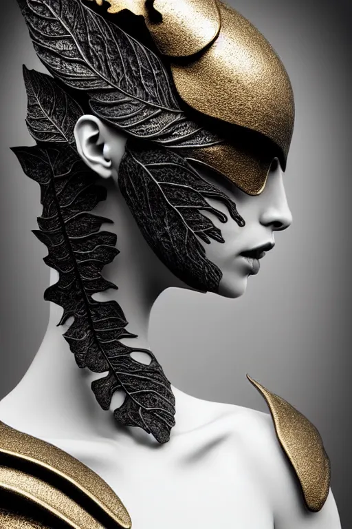 Image similar to monochrome close - up profile face, black background, beautiful porcelain vegetal - dragon - cyborg - female, beautiful natural soft rim light, silver gold details, magnolia leaves and stems, roots, mandelbot fractal, elegant, hyper real, ultra detailed, white metallic armour