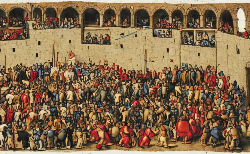 Image similar to a boxing ring inside of a medieval castle, crowd of knights and jesters gathered around