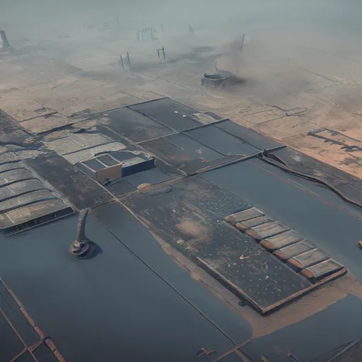 Image similar to an aerial view of an abandoned industrial terrain with giant nuclear plants, night time, shot from the blade runner 2049 movie, designed by Ash Thorp, moody, dark, foggy