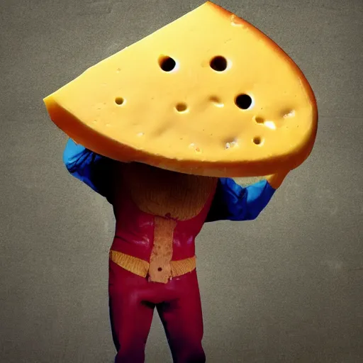 Prompt: anthropomorphic cheese wedge, man with cheese for a head, cheese wedge man. man is similar to a golem of cheese. This man is made COMPLETELY of cheese! Photograph of Cheese. Supercheese man!