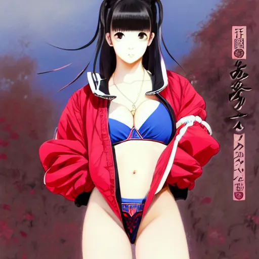 Image similar to a beautiful japanese lalisa alluring gravure model, wearing oversized designer bomber jacket and leotard, bulky poofy bomber jacket with mesoamerican patterns, mesoamerican native street fashion, gapmoe yandere grimdark, trending on pixiv fanbox, painted by greg rutkowski makoto shinkai takashi takeuchi studio ghibli, akihiko yoshida