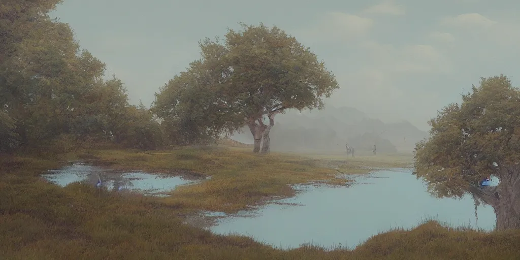 Prompt: landscape painting at noon by james jean, rendering, redshift, octane