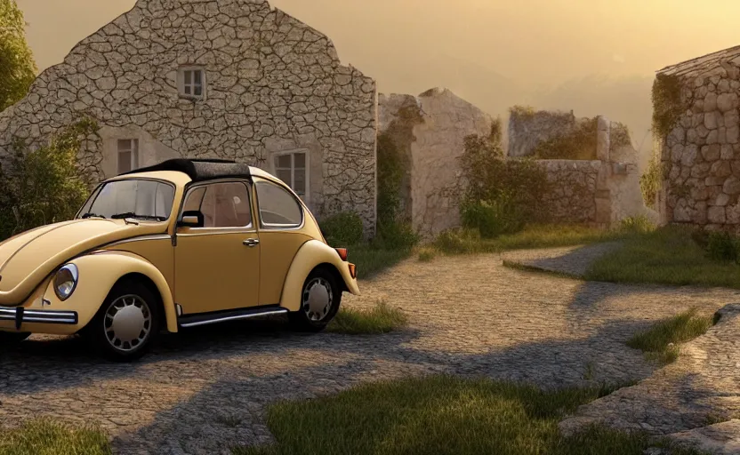 Image similar to a vw beetle parked near a small medieval stone house at sunrise, concept art, octane render, unreal engine 5, trending on artstation, high quality, 8 k, soft lighting, path traced, hyperrealistic, highly detailed, digital art, symmetrical, cinematic, high coherence, godrays