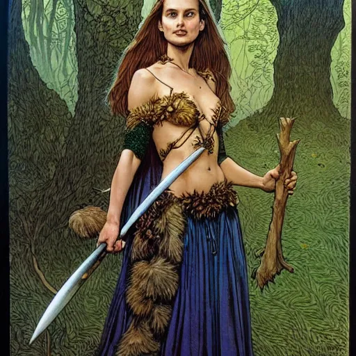 Image similar to a realistic, very beautiful and atmospheric portrait of a young natalie portman as a druidic warrior wizard looking at the camera with an intelligent but seductive gaze by rebecca guay, michael kaluta, charles vess and jean moebius giraud