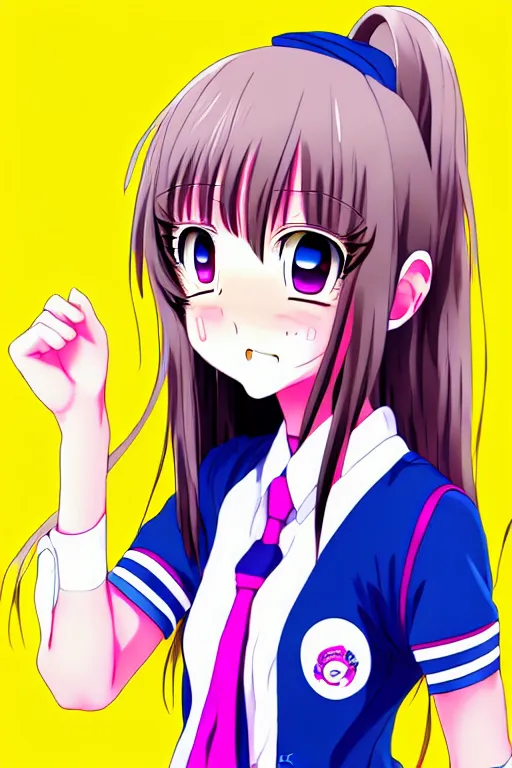 Image similar to full body anime portrait of a cute girl round eyes long hair dressed in a school uniform cinematic stunning highly detailed 4 k neon anatomically correct