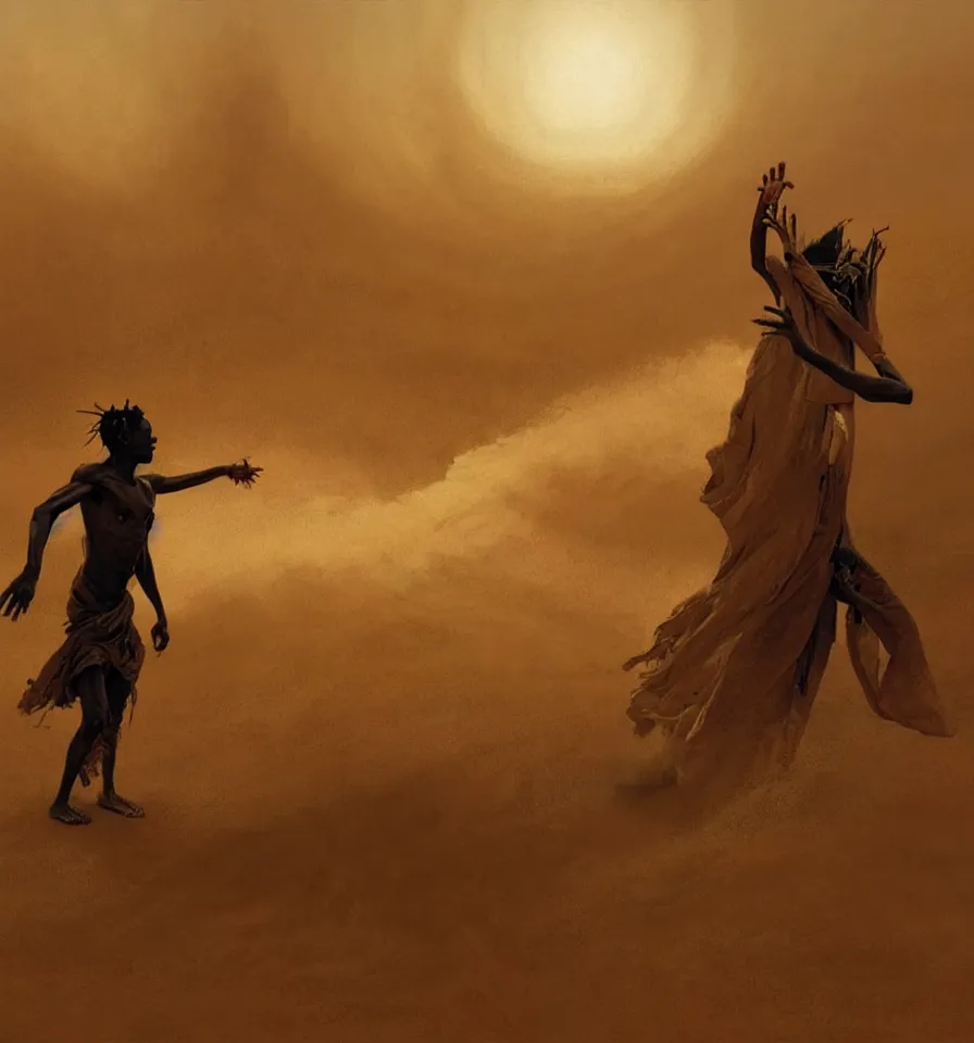 Prompt: A digital painting of a namibian shaman summoning the spirits of the earth through a sandstorm, detailed and dramatic, by Greg Rutkowski and Craig Mullins