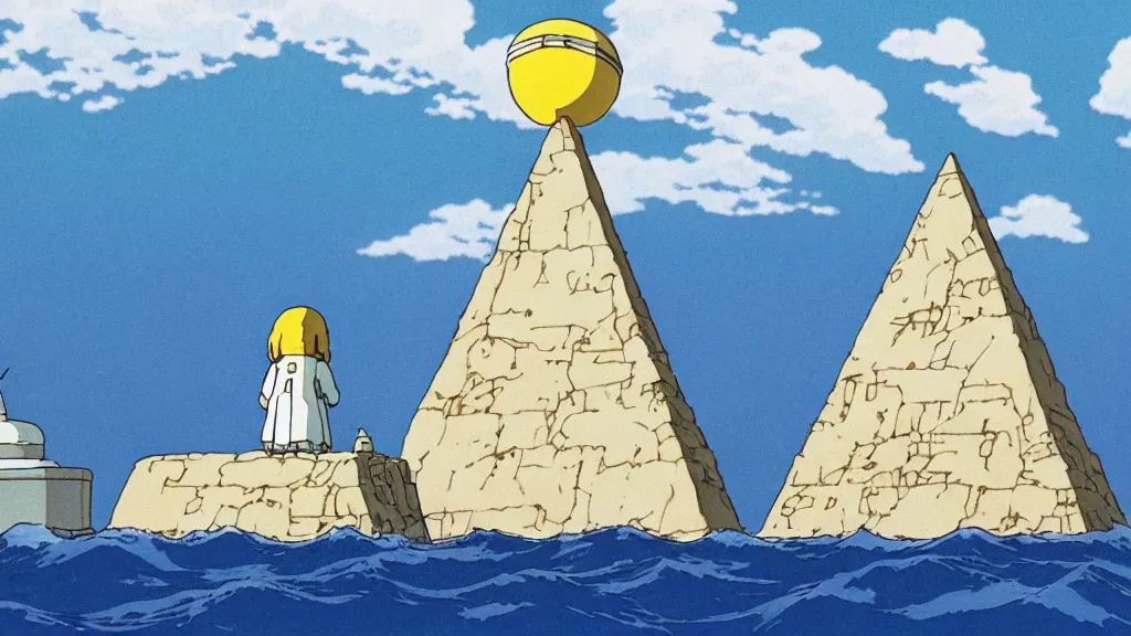 Prompt: a movie still from a studio ghibli film showing a large white pyramid and a golden ufo in the middle of the ocean. by studio ghibli