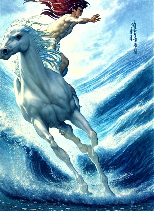 Image similar to pegasus running through ocean wave, exquisite details, denoised, mid view, byi by alan lee, norman rockwell, makoto shinkai, kim jung giu, poster art, game art