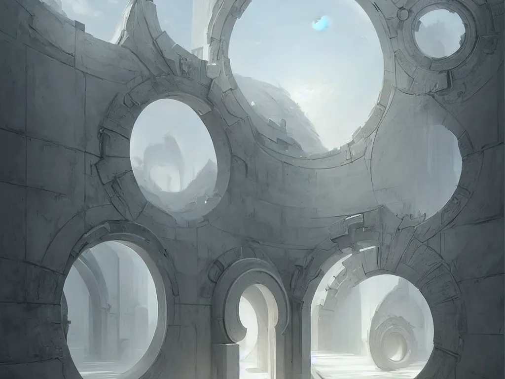 Image similar to circular gate in a white wall, leading to heaven. modern architecture. fantasy. detailed. smooth. sharp focus. trending on artstation. artist greg rutkowski.