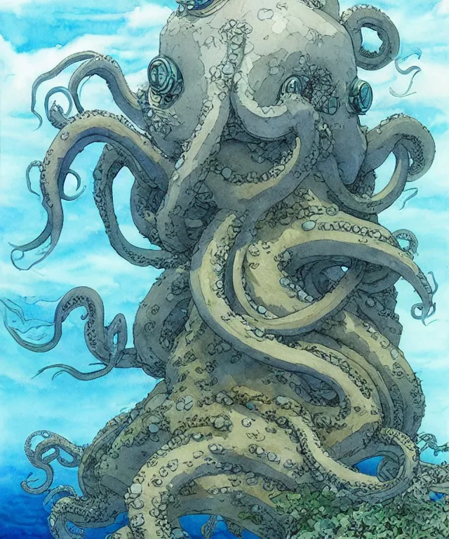 Prompt: a hyperrealist studio ghibli watercolor fantasy concept art of a giant grey octopus building stonehenge underwater. by rebecca guay, michael kaluta, charles vess