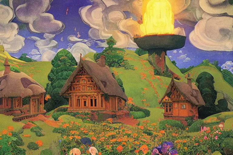 Prompt: the enchanted cottage and gardens of a wise woman on a mountaintop, dramatic cinematic lighting, folk-art carved painted wood house, rich colors, by Nicholas Roerich and William Dyce and ford madox brown and April Gornik and Caspar David Friedrich and Diego Rivera and Tyler Edlin and Ivan Bilibin