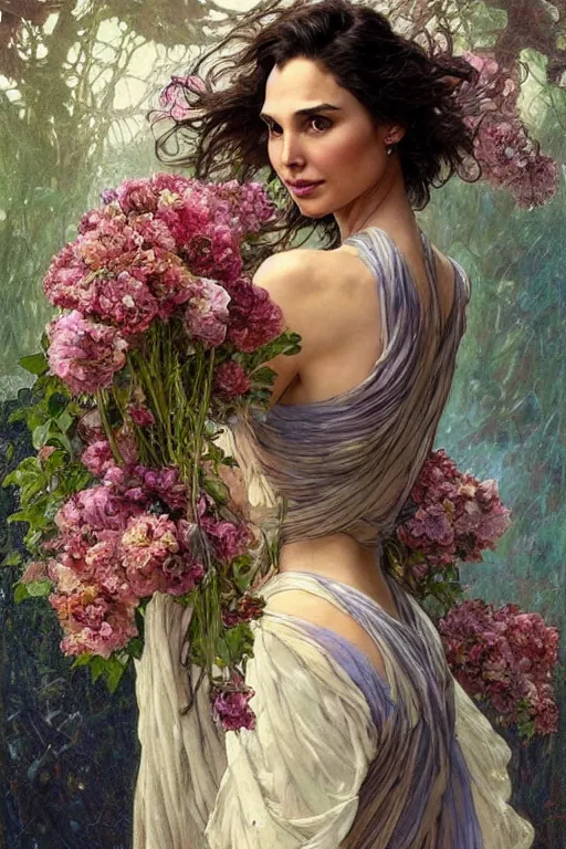 Image similar to portrait of gal gadot as beautiful mysterious woman holding a bouquet of flowing flowers, hands hidden under the bouquet, fantasy, regal, intricate, by stanley artgerm lau, greg rutkowski, thomas kindkade, alphonse mucha, loish, norman rockwell