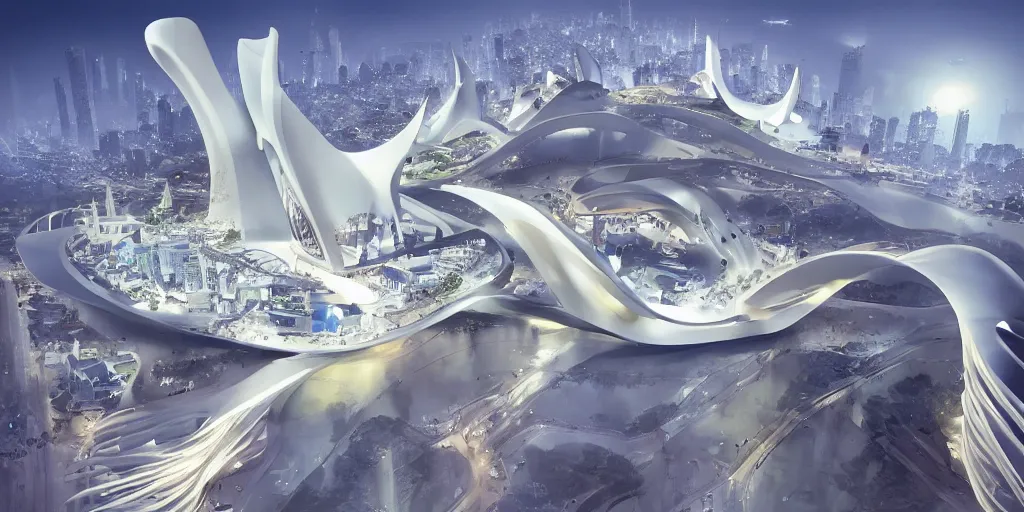 Image similar to fantasy city with moon by zaha Hadid trending on artsation