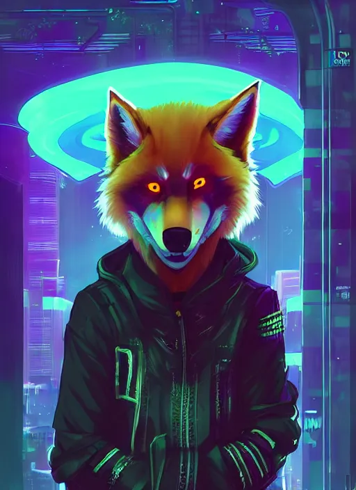 Prompt: beautiful portrait commission of a male furry anthro husky werewolf fox fursona wearing cyberpunk skater clothes. Cyberpunk city at night in the rain. Neon light. Atmospheric. Character design by charlie bowater, ross tran, artgerm, and makoto shinkai, detailed, inked, western comic book art