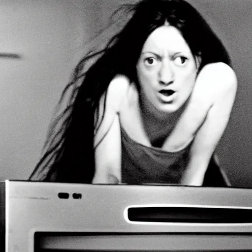 Image similar to the scene from The Ring where Samara Morgan crawls out of the TV, 35mm award winning photograph