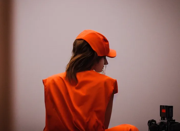 Image similar to photo of emma watson sitting in a jail cell wearing an orange jumpsuit and a red hat, defocused bars in the foreground, detailed face, 8 k, 8 5 mm f 1. 8