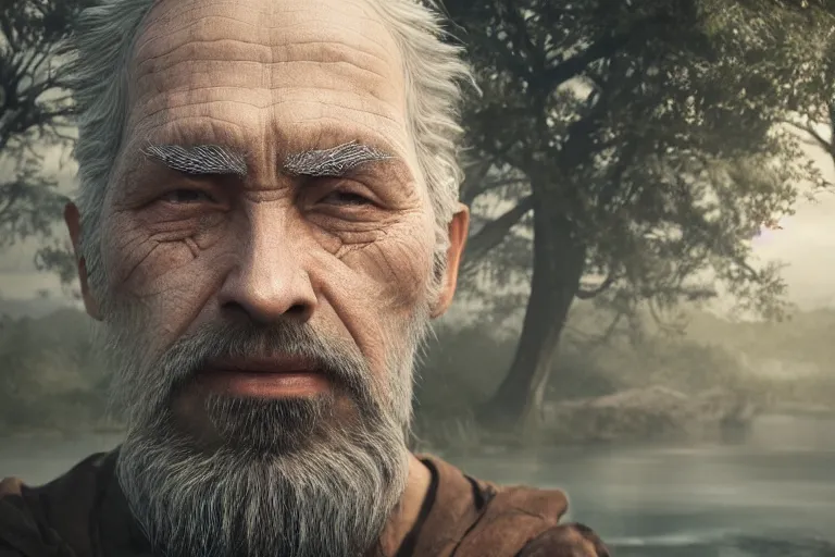 Image similar to an ultra realistic cinematic close up headshot portrait of an evil wizard, background of a vast serene landscape with trees and rivers, detailed, deep focus, movie still, dramatic lighting, ray tracing, by michal karcz and yoshitaka amano