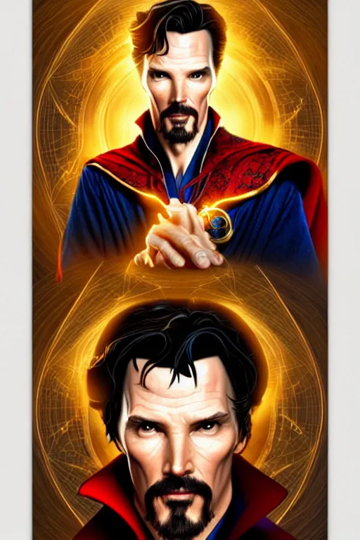 Image similar to Portrait of a doctor strange with dark hair, elegant, photorealistic, highly detailed, artstation, smooth, sharp focus, gold ornaments, neon lighting, sci-fi, art by Klimt