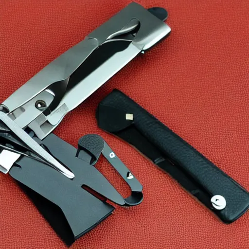 Prompt: foldable leatherman mooltitool with crazy gadgets