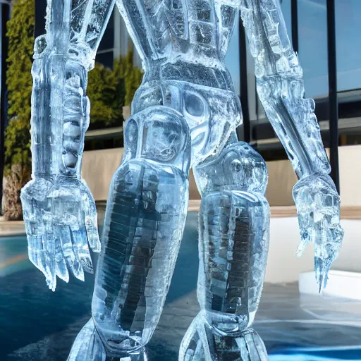 Image similar to made of ice, a realistic detailed photo of a guy who is an attractive humanoid who is half robot and half humanoid, who is a male android, on display, blank stare, showing off his muscles, shiny skin, posing like a statue, by the pool, frozen ice statue, twitch streamer / gamer ludwig, humanoid robot