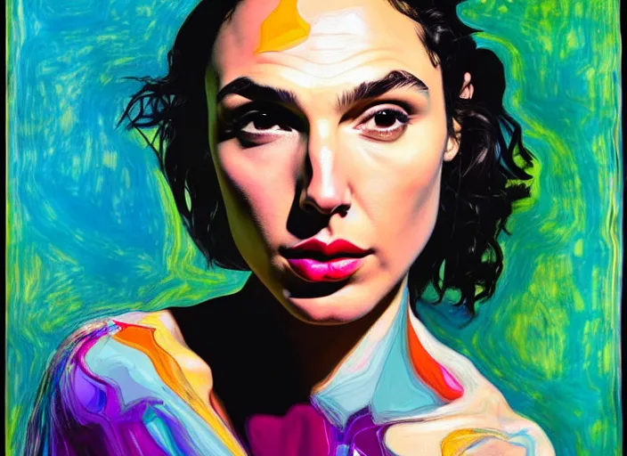 Image similar to portrait of gal gadot, by vincent lefevre and hernan bas and pat steir and hilma af klint, psychological, photorealistic, dripping paint, washy brush, rendered in octane, altermodern, masterpiece