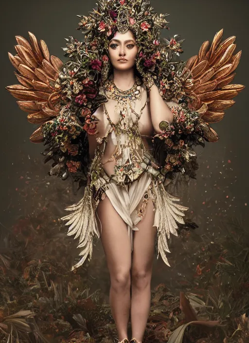 Image similar to full body environmental portrait photo of a goddess as angel, ornate headpiece made from flowers, ornaments, glamour shot by gemmy woud - binnendijk, lindsay adler, stefan gesell, photorealistic, canon r 3, fashion photography, ornate, elegant, luxury and elite, symmetrical features, octane render, unreal engine, solid dark grey background, dramatic lights