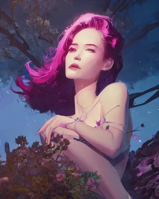 Image similar to a highly detailed image of A beautiful woman basking in the moonlight, with medium length magenta hair, and a tall tree, and large obsidian crystals, cinematic lighting, dramatic atmosphere, by Dustin Nguyen, Akihiko Yoshida, Greg Tocchini, Greg Rutkowski, Cliff Chiang, 4k resolution, trending on artstation