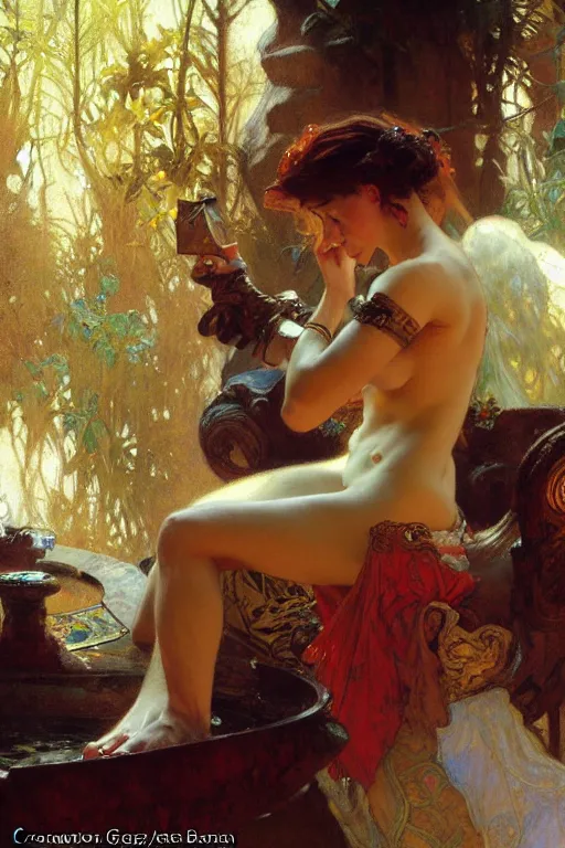 Image similar to 2 attracting male, painting by gaston bussiere, craig mullins, greg rutkowski, alphonse mucha