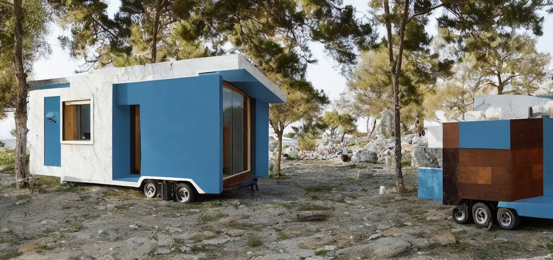 Image similar to greek tiny house on trailer made of marble designed by iktinos and callicrates.