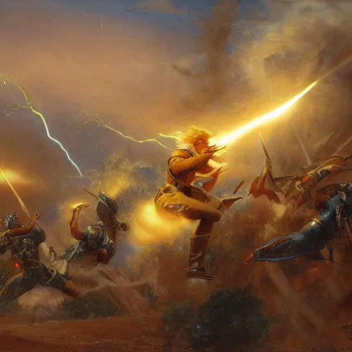 Image similar to a man with blonde hair shooting lightning bolts at his enemy in battle. detailed matte painting. masterpiece. 4 k. fantasy art. by gaston bussiere. derek zabrocki. ralph mcquarrie.