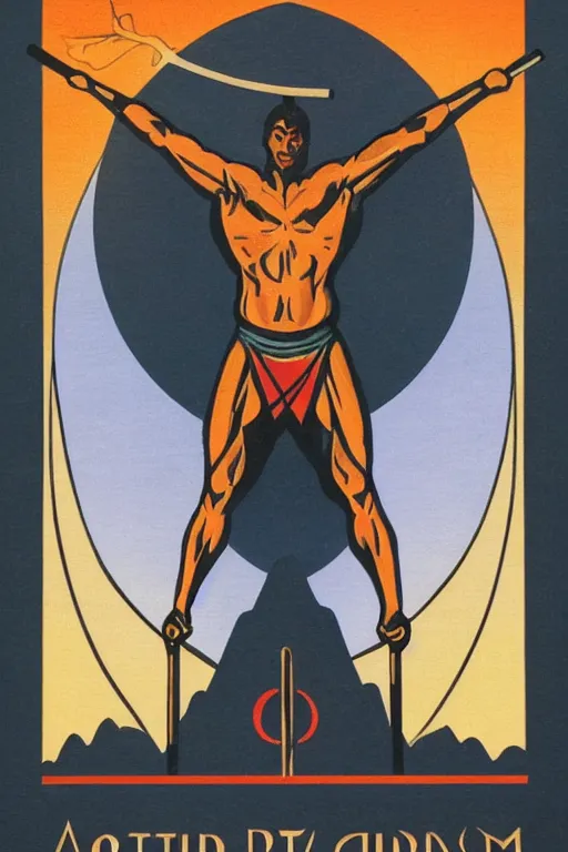 Image similar to a beautiful symmetrical art deco tarot painting of a gorgeous muscular man holding a walking stick standing atop a mountain at sunrise, vintage tourism poster, trending on artstation