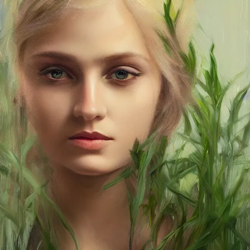 Prompt: a portrait of a petite blonde woman with plants in hair, oil painting, pale colors, high detail, 8 k, wide angle, trending on artstation,