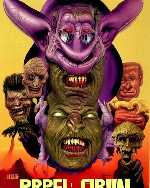 Image similar to movie poster for ( 1 9 8 9 ) ( hyperreal detailed facial features and uv lighting, art by ed roth, frank frazetta, glenn fabry and basil wolverton, purple accents directed by david cronenberg )