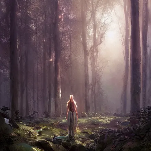 Image similar to a high elf standing in a fairy tale forest, soft lighting, greg rutkowski