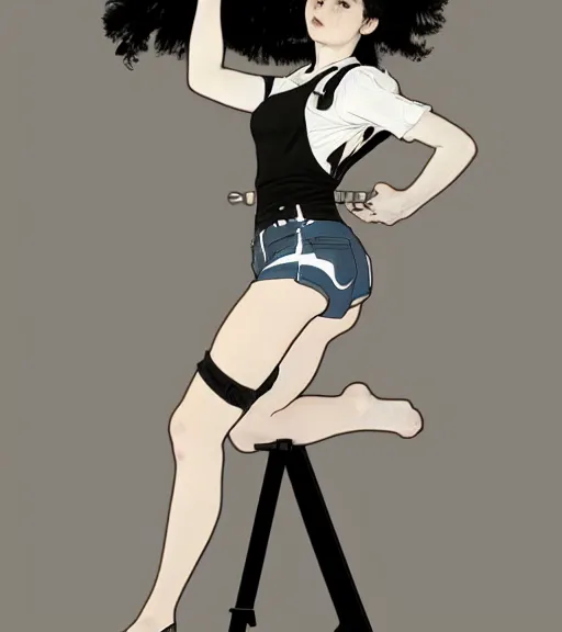 Image similar to lineart of a woman with black hair pixie cut in shorts with suspenders and white t-shirt drawn by anime, Alexandre Cabanel, norman rockwell, peter paul rubens, maler collier, frank frazetta, alphonse mucha, gustav klimt 4k, unreal 5, DAZ, french noveau, trending on artstation, octane render, hyperrealistic