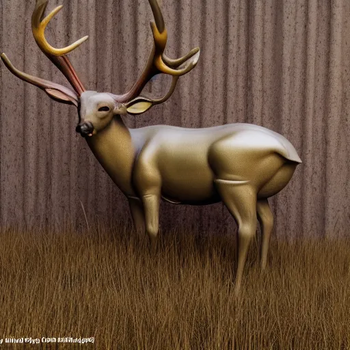 Image similar to hyperealistic sculpture of a deer with rusty pipes extruding from its body, body horror, mechanical bodies, scary, disturbing, eerie 8K, full hd, 3D render, SCP Foundation, found footage, living creature