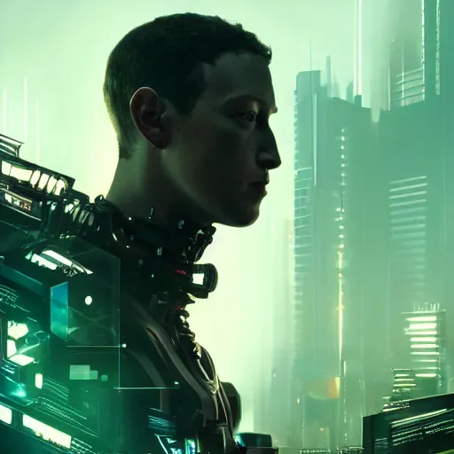 Image similar to imposing, ominous portrait of cyborg Mark Zuckerberg as a cyberpunk 2077 loading screen, symmetry, front view, intricate, studio, art by anthony macbain + greg rutkowski + alphonse mucha, concept art, 4k, sharp focus