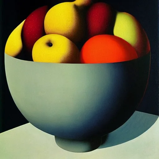 Image similar to surreal bowl of fruit by Rene Magritte